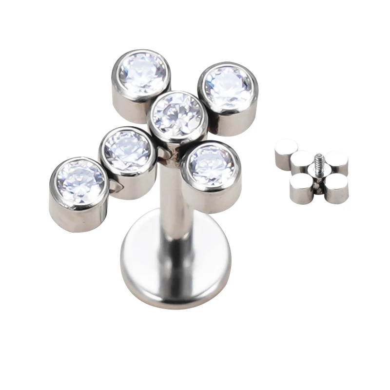 

Simple Labret Stud Body Jewelry G23 Titanium Internally Threaded Windmill Shape Bezel Set CZ Top Lip Stud Piercing