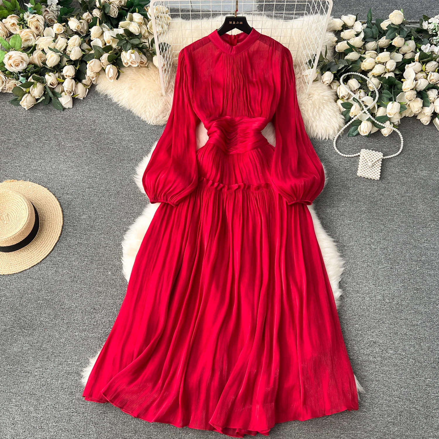 Boutique Wholesale 2026 Spring New Style Elegant Standing Neck Pleated Waist Long Bubble Sleeve Women's Dress