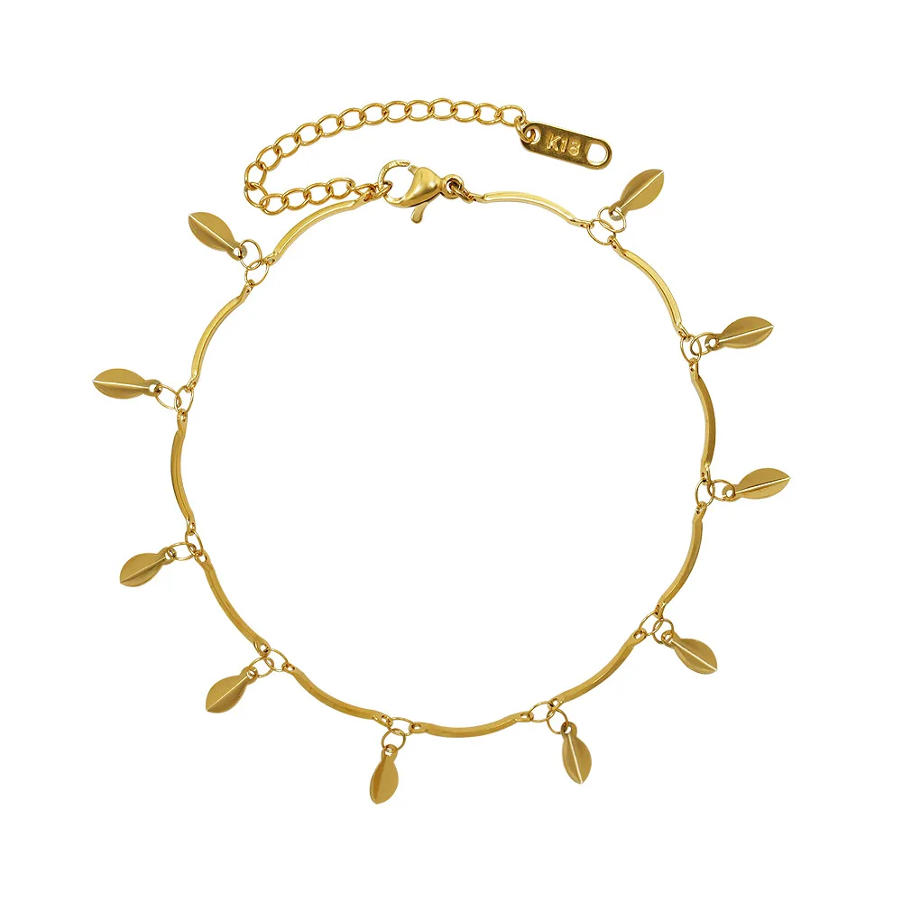 

Fashion Simple Design Adjustable 18k Gold Plated Stainless Steel Leaf Fringe Anklet Foot Jewelry Chain For Women
