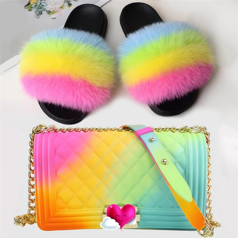 

2021 Custom Hot Selling Colorful Purse Handbag and Real Fox Furry Fur Slipper Slides and Purse Handbag Sets