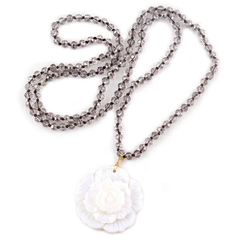 

Fashion Bohemian Jewelry Women Boho 6mm Crystal Glass Knotted Necklace White Multi layer 3D Shell Flower Pendant Necklace