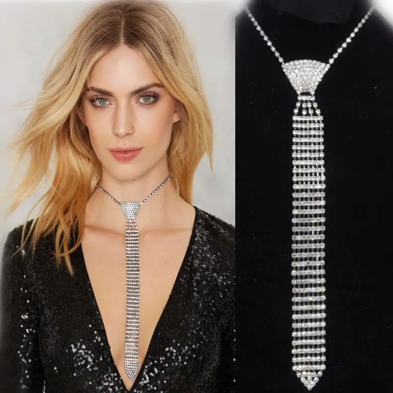 

Fashion Luxury Sparkling Crystal Long Choker Necklace Rhinestone Tie Necklace for Party Model Show