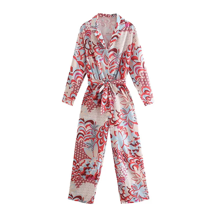 

BMURHMZA2021 new summer women's printed Lapel single breasted with belt long sleeve women's Jumpsuit, Picture