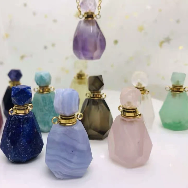 

PANGEM Genuine gemstone Blue Lace Agate/Lapis Lazuli/Amethyst mini gemstone essential oil perfume bottle necklace, Mixed color