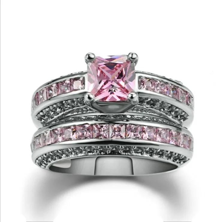 

Dazzling 925 Silver Pink Sapphire Simulate Diamond Ring Princess Bridal Engagement Ring Set Fine Jewelry, Pink/blue/white/purple