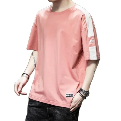 

XQM Fashion Joker Round Neck Printed Short Sleeves Men Cotton Korean Short-Sleeved T-Shirt Color Matching Casual Loose Top