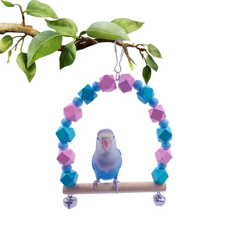 

Colorful Wooden Parrot Hanging Suspension Toy Bird Swing Perch Hammock for Pet Parakeet Budgie Cockatiel Cage, Purple pink blue