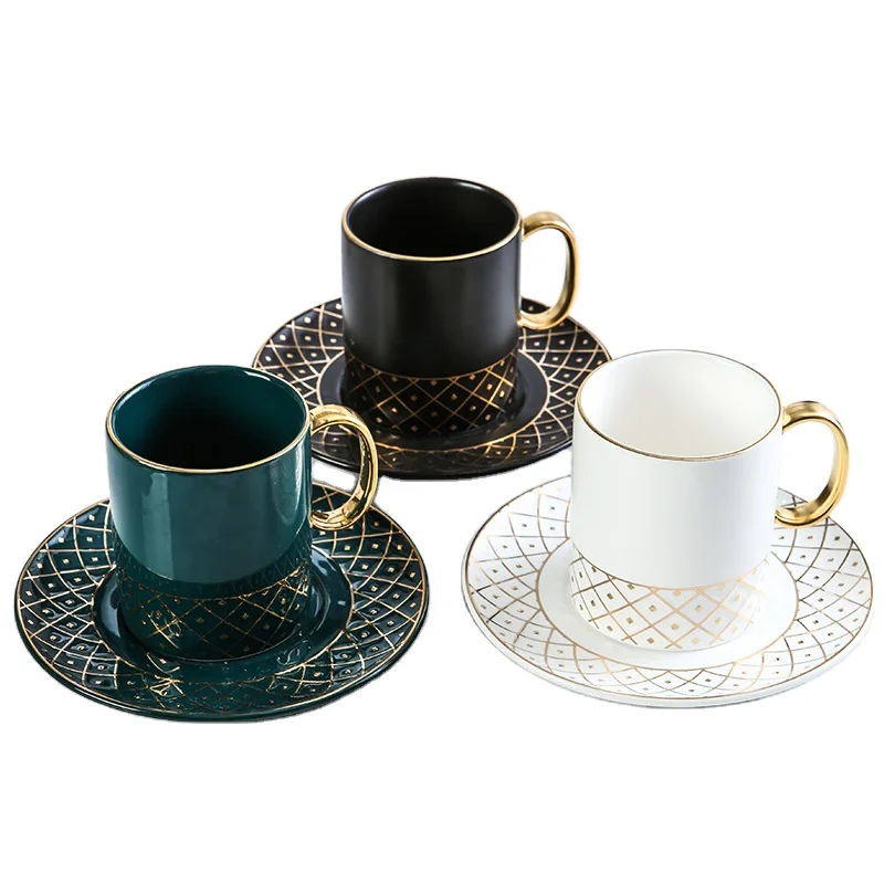 

Arabic Royal Luxury Gold handle Ceramic Coffee Tea Cup Sets with Saucers Blue Green Color Porcelain Cups& Saucers