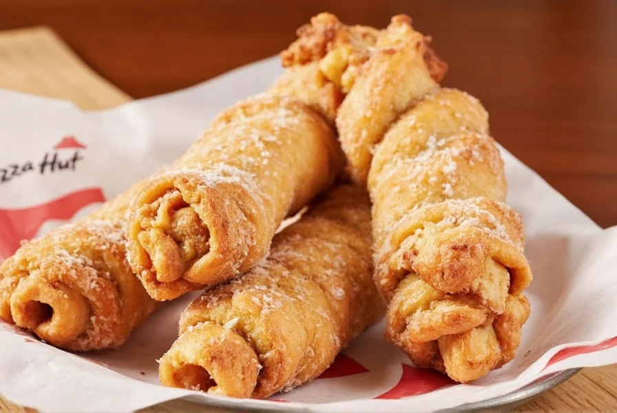 Freshly made Pizza Hut cinnamon sticks served hot with vanilla icing for dipping on a white plate