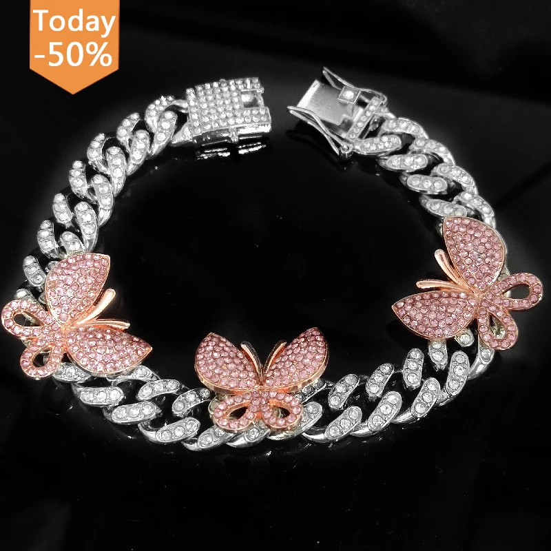 

High Quality Small Butterfly Cuban Link Anklet Iced Out Cz Cuban Anklets Women Hip Hop Rapper Bling Foot Jewelry
