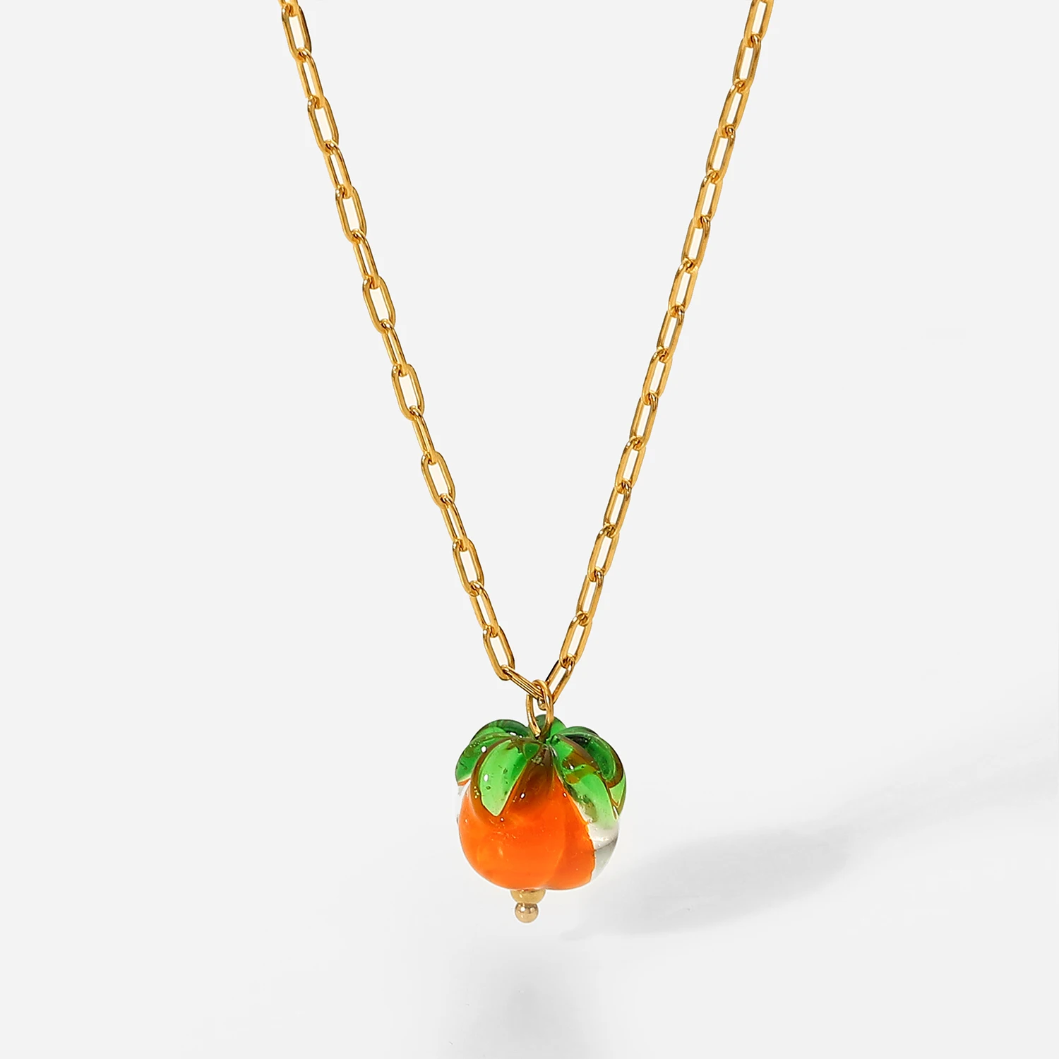 

Lovely Glass Bead Persimmon Pendant Necklace 18K Gold Stainless Steel Link Chain Necklace For Women