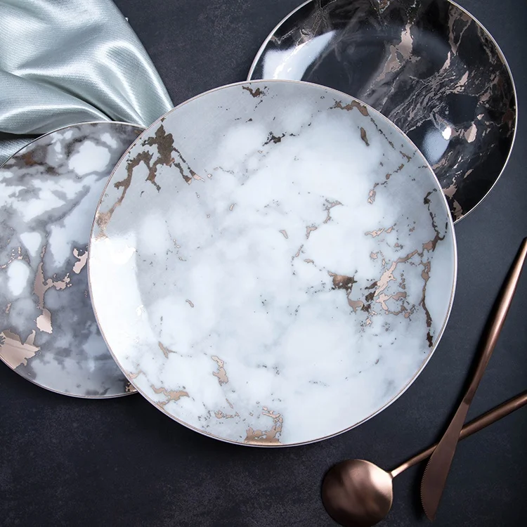 

Premium restaurant marble dinner plates round shape graceful porcelain serving plate set, Customized