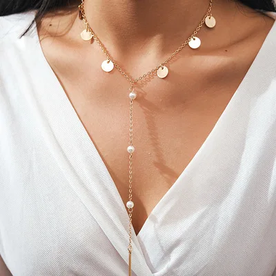 

Trend Vintage 18K Gold Plated Disc Pendant Necklaces Geometric Pearl Clavicle Necklace For Girlfriend