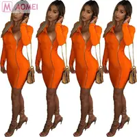 

O1017 new fashion sexy solid zipper long sleeve women bodycon dress