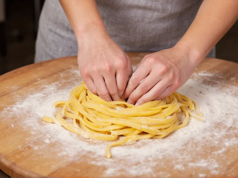 Hands kneading fresh pasta dough on wooden board