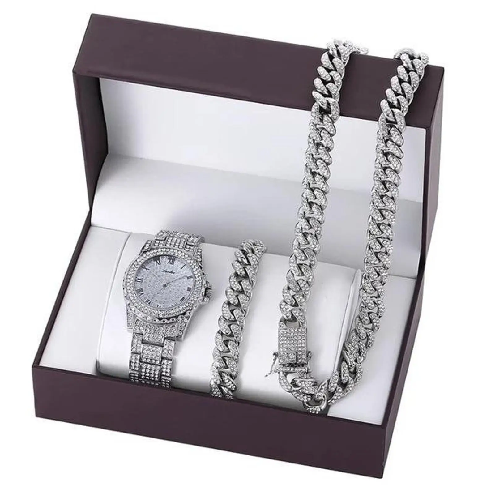 

Luxury Mens 3 Pc Hand Made Iced Out Hip Hop Watch Set with Cuban Neck Chain & Bracelet Set in Gold or Silver in 2 Styles, Gold,silver