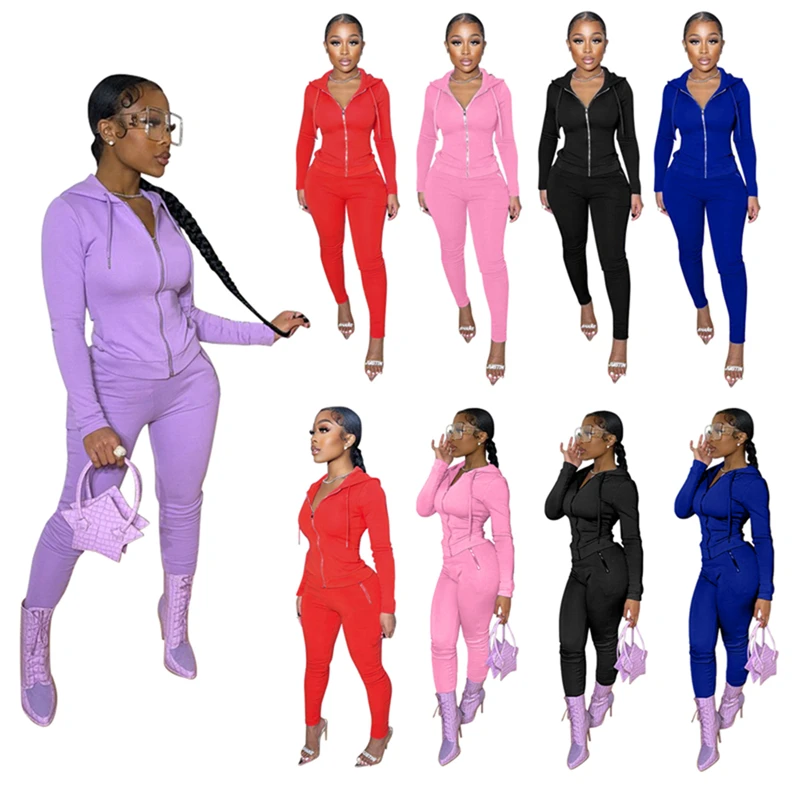 

2021 New High-quality Solid Color Hooded Long-sleeved Trousers Zipper Sports Two-piece Set