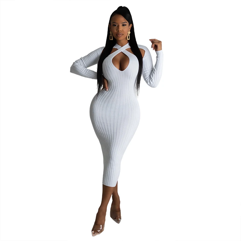 

New Arrival 2021 wholesale trendy fashion womens hollow casual spring sweatsuit white bodycon sweater dress Casual Dresses