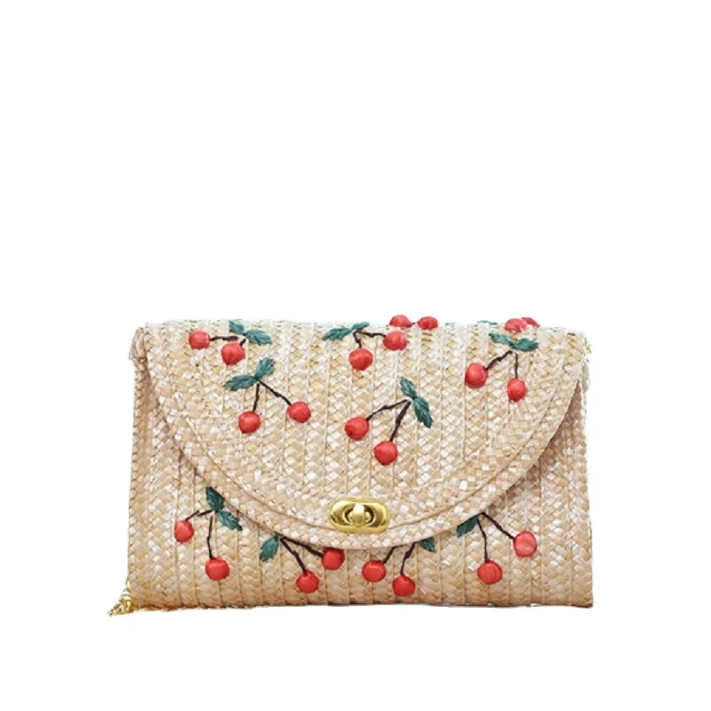 

New fashion chain shoulder bag embroidery mini straw beach handbag for women, Customizable