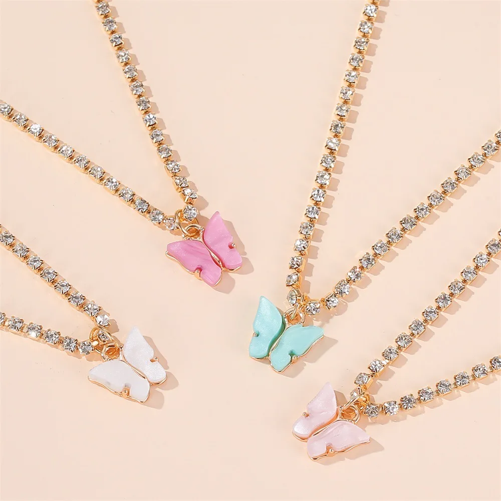 

New Rhinestone Butterfly Pendant Shining Statement Jewelry Women Crystal Charms Choker Necklace Butterfly Tennis Necklace