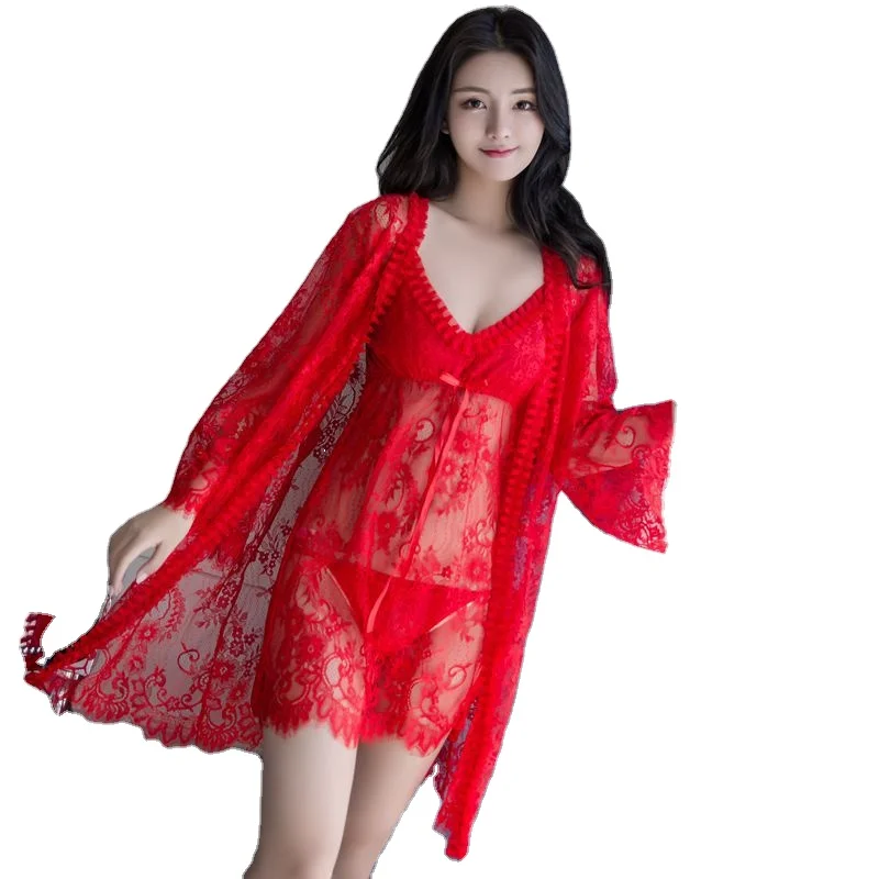 

2021 Women pyjamas sets Sexy lace Robe sets Transparents Woman nightgown suit Night dress Lingerie Sleepwear Bathrobe Nightwear