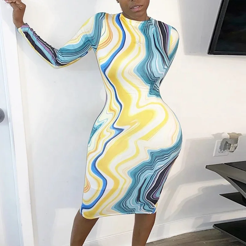 

2020 Wholesale Cheap Price Women Tie Dyeing Print Long Sleeve Midi Club Dress
