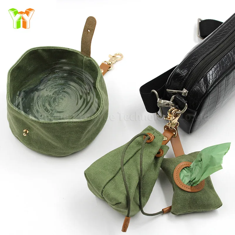 

Waxed Canvas Dog Accessories Collapsible Travel Pet Water Bowl Dog Treat Bag Poop Bag Holder