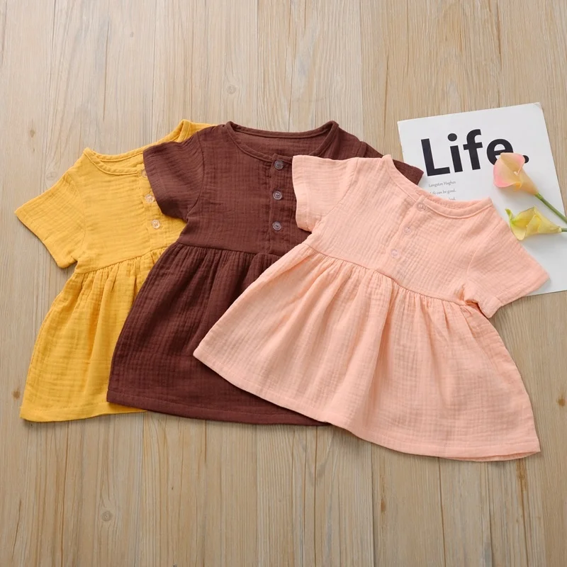 

B24461A Children dress baby girls pure color cute cotton dress, Pink, yellow, coffee