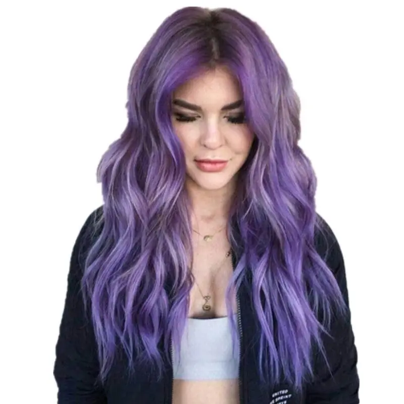 

Dropshipping New Fashion Purple Long Curly Hair Head Cover Synthetic Middle Part Bangs Hair Wigs Color Consition Hairpiece