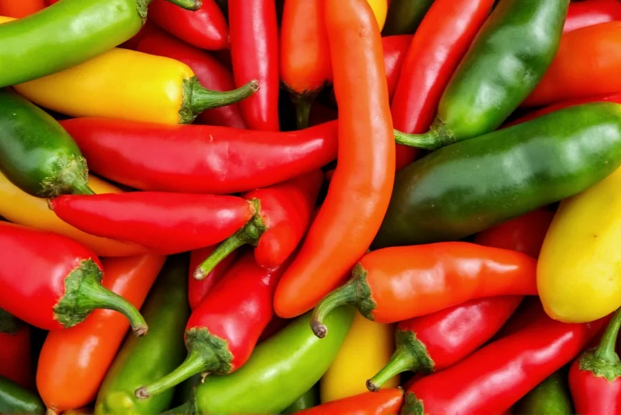 Close-up view of various chili pepper varieties showing different colors and shapes for nutritional comparison