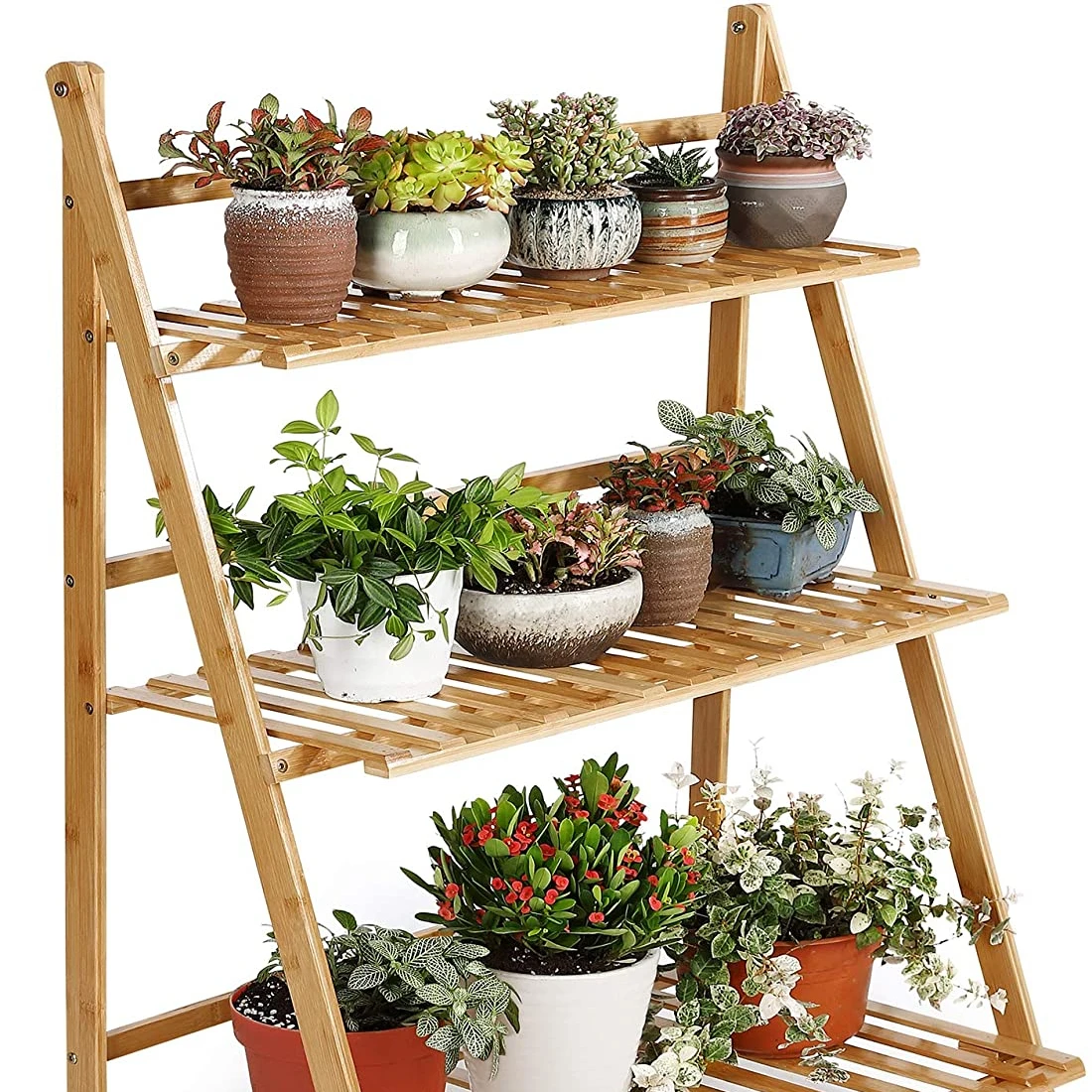 

3 Tier Folding flower wooden Plant Stand shelf for Outdoor or Indoor plant shelf flower rack display, Natural