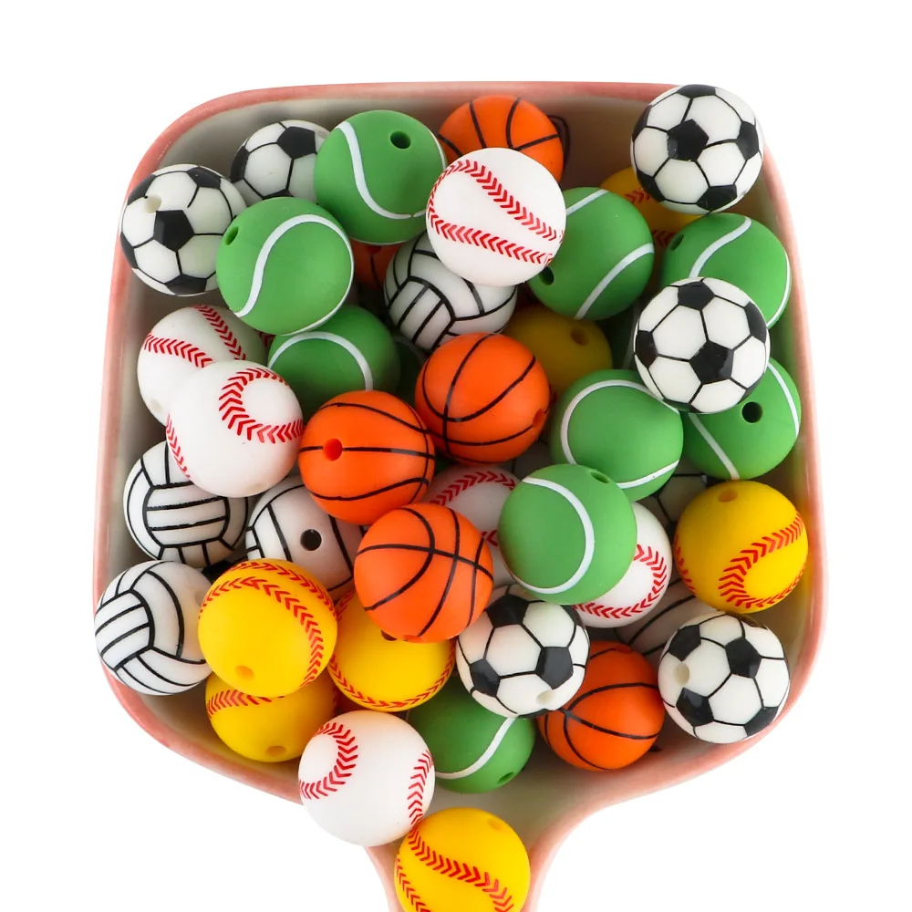 

Custom Wholesale 15mm Sports baseball football Tennis Printed Beads Food grade Bpa Free Baby Teething Chew Soft Silicone Bead