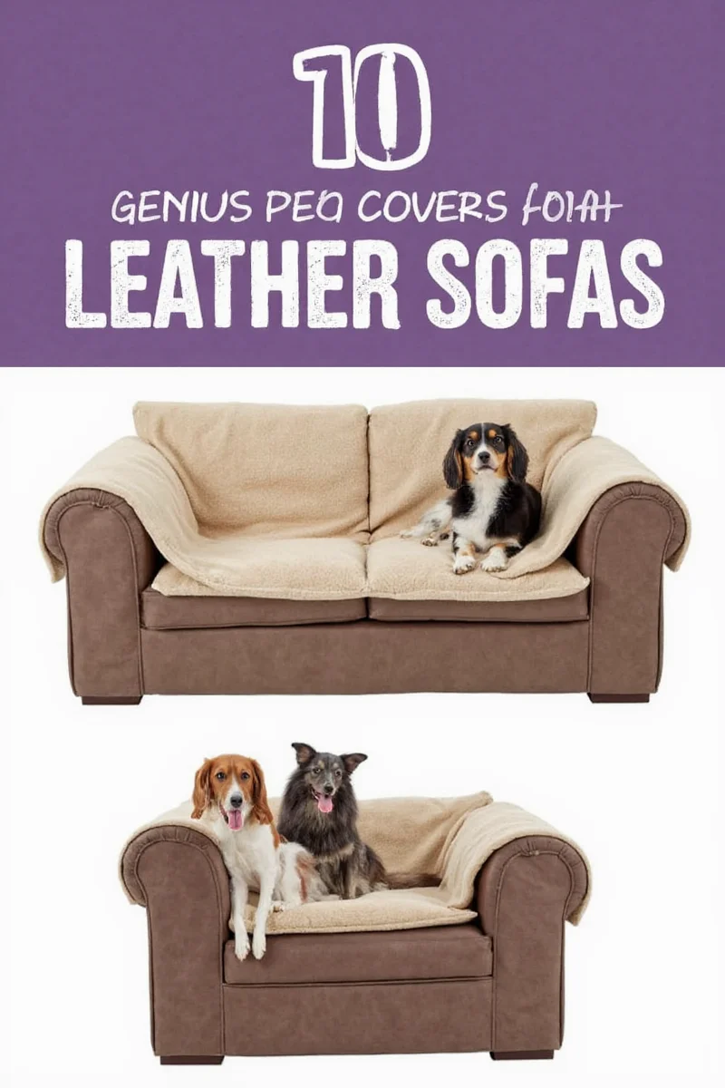 A happy family sitting together on a leather sofa with a pet cover, smiling at the camera while their dog lounges beside them.
