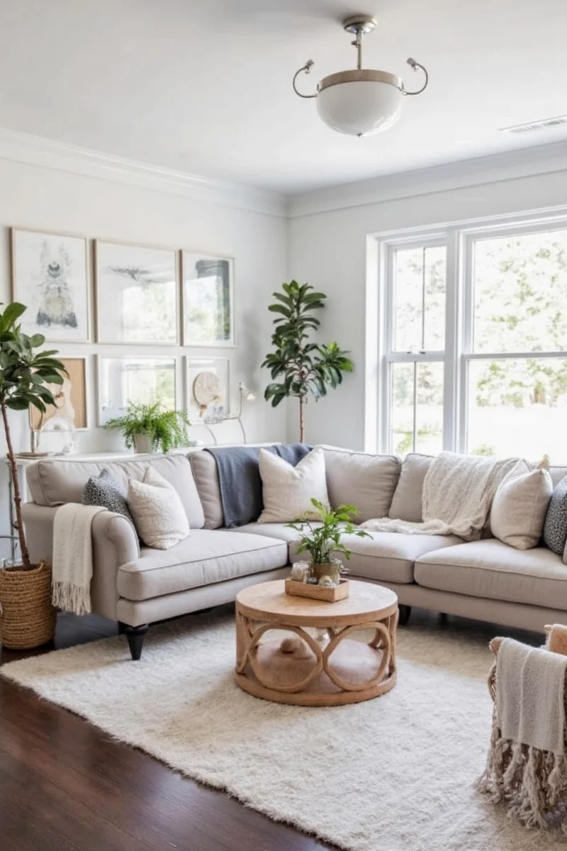 Gray sofa with mustard yellow pillow accents