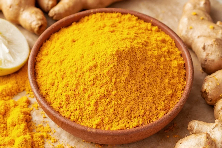 Turmeric root and ginger root side by side on wooden cutting board