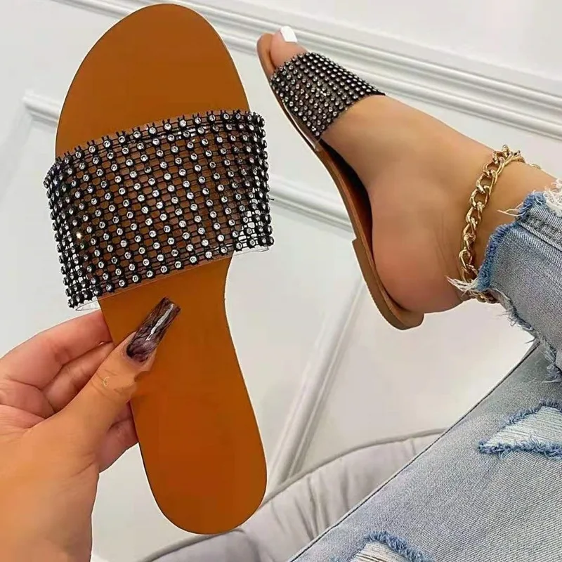 

Large size sandals and slippers women 2021 new fashion rhinestone one word outer wear round toe low heel slippers, Pictures