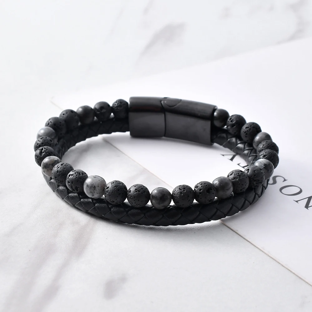 

F254 wholesale Spectrolite Men Mens Stone Beaded Bracelets Manufacturers High Quality Genuine Leather Bracelet With Beads