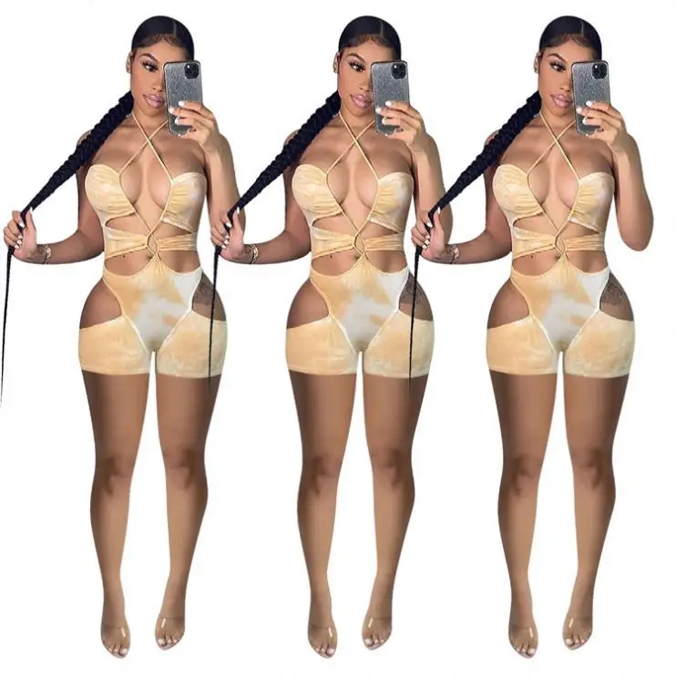 

PEARL Summer 2021 Tie Dye Hollow Out Slit Bandage Bodycon Sexy Summer Tube Shorts Rompers Women Tight Jumpsuits