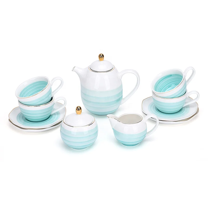 

Ceramic tea set luxury blue teapot creamer sugar pot cup gift sets