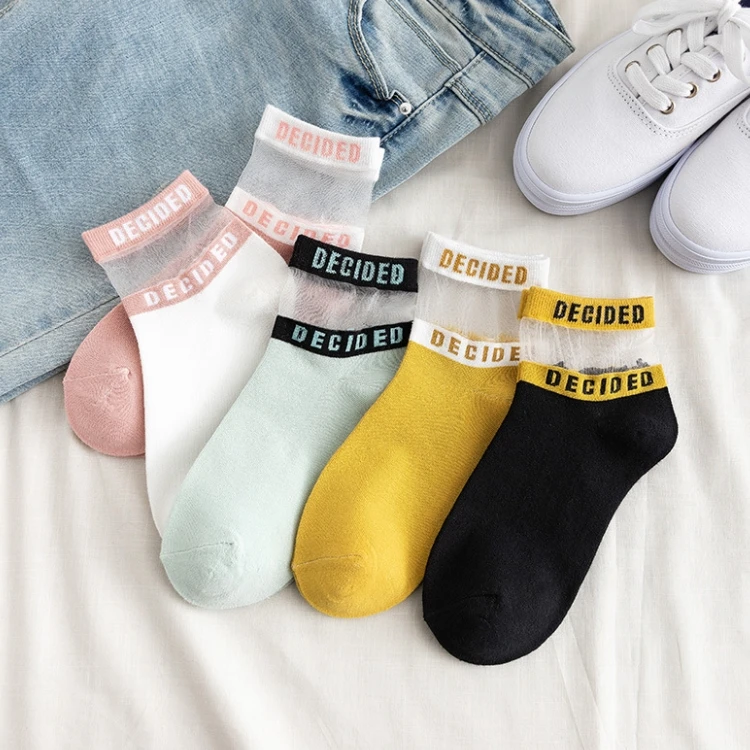 

Fashion Korean 5 Bright Color Breathable Comfortable Letters Lace Soft Cotton Silk Short Socks Free Size Casual Women, Pink,blue,white,black,yellow