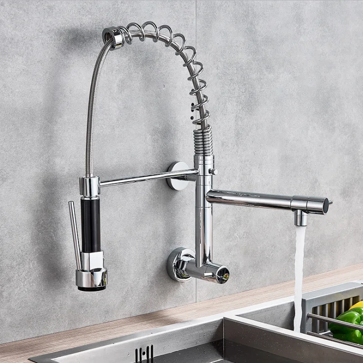 Commercial Pull Out Flexible Water Mixer 3 Way Pre Rinse Sink Taps Wall Mount Kitchen Faucet
