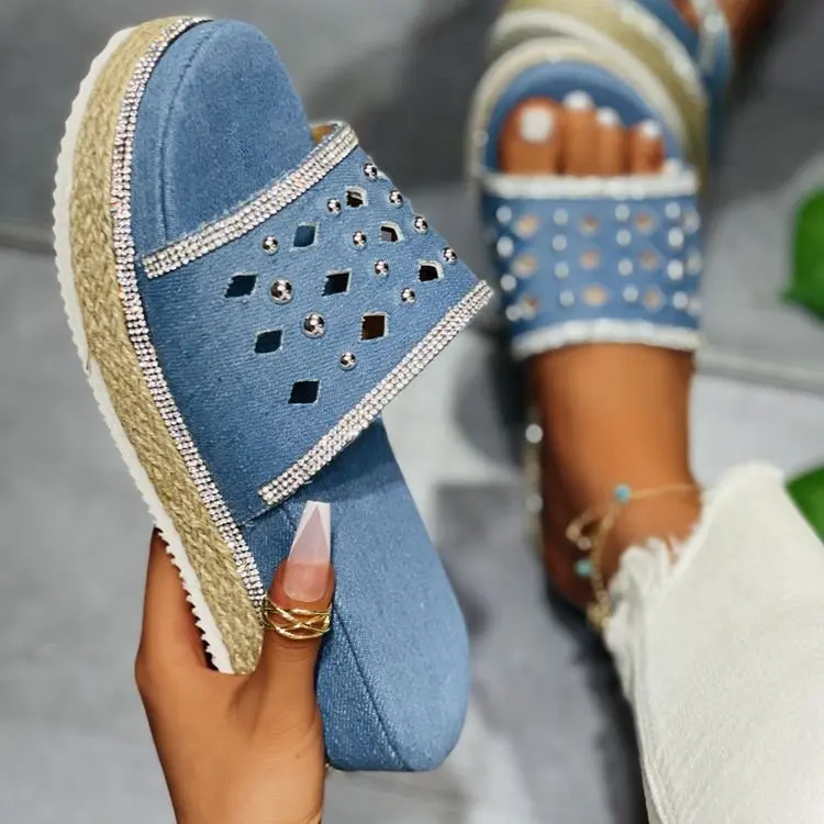 

Rhinestone trimmed summer casual women slides slippers cut out bead decor flatform lady mules peep toe espadrille sandals