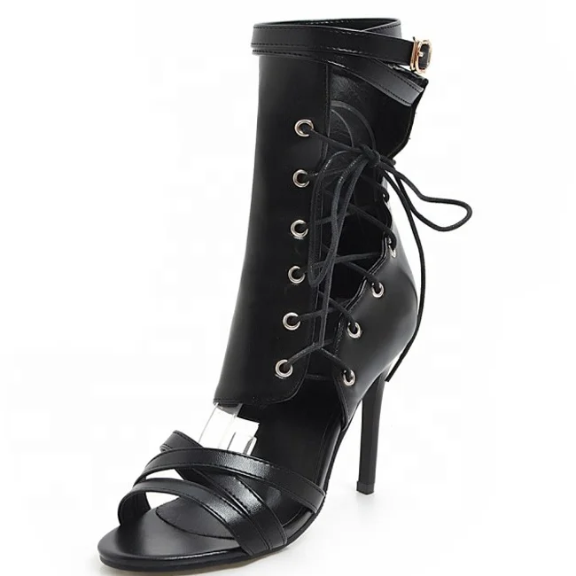 

Large size 46 custom women high-heeled sandals stiletto high thin heel side lace up summer boots ladies high top shoes for women, Black white pink