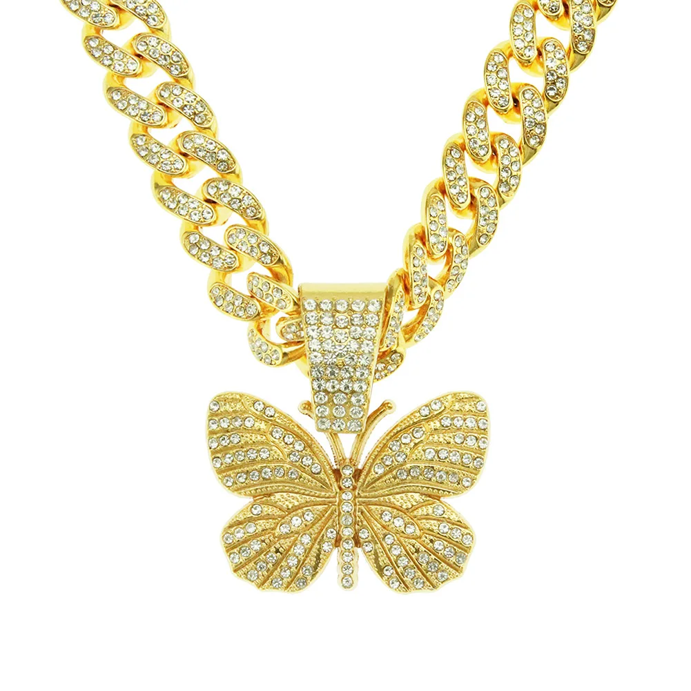 

European Hips Hops Jewelry Punk Rock Men's Miami Iced Out Cuban Link Chain Butterfly Pendant Necklace Butterfly Cuban Necklace