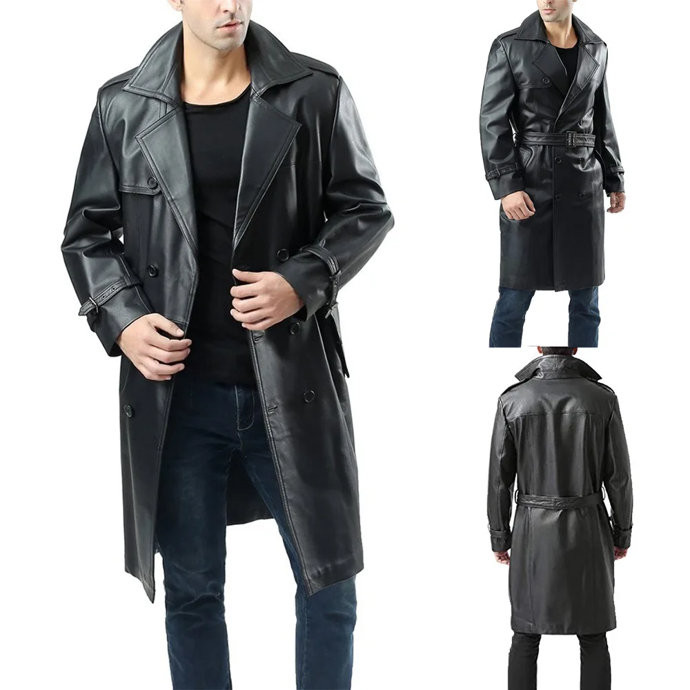 

Hight Quality Men Long Winter Sweater Coat Mens Leather Jackets And Coats Leather Trench Coat, Picture shows