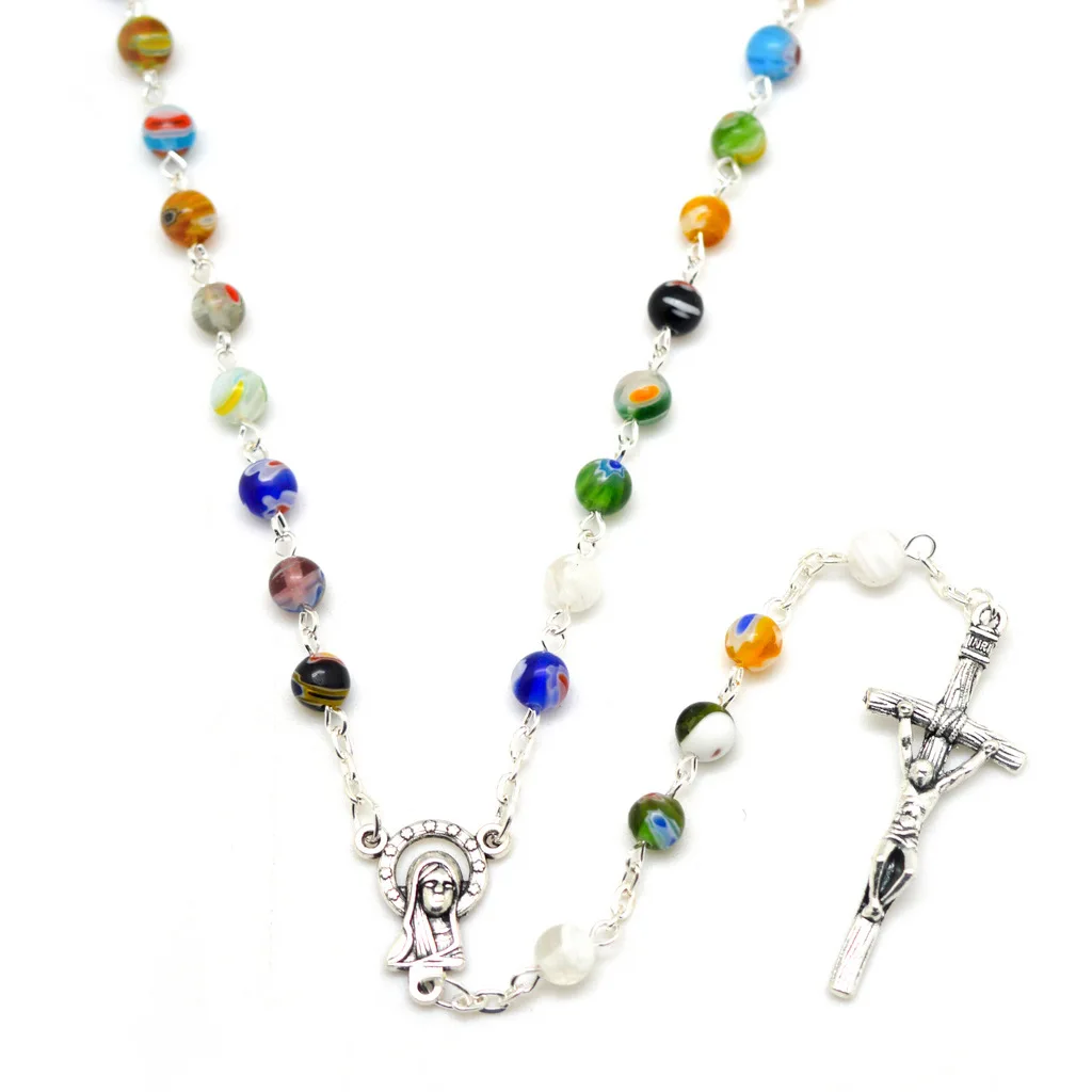 

Fashion Bead Rosary Long Necklace Alloy Cross Virgin Christian Catholic Necklace for Women