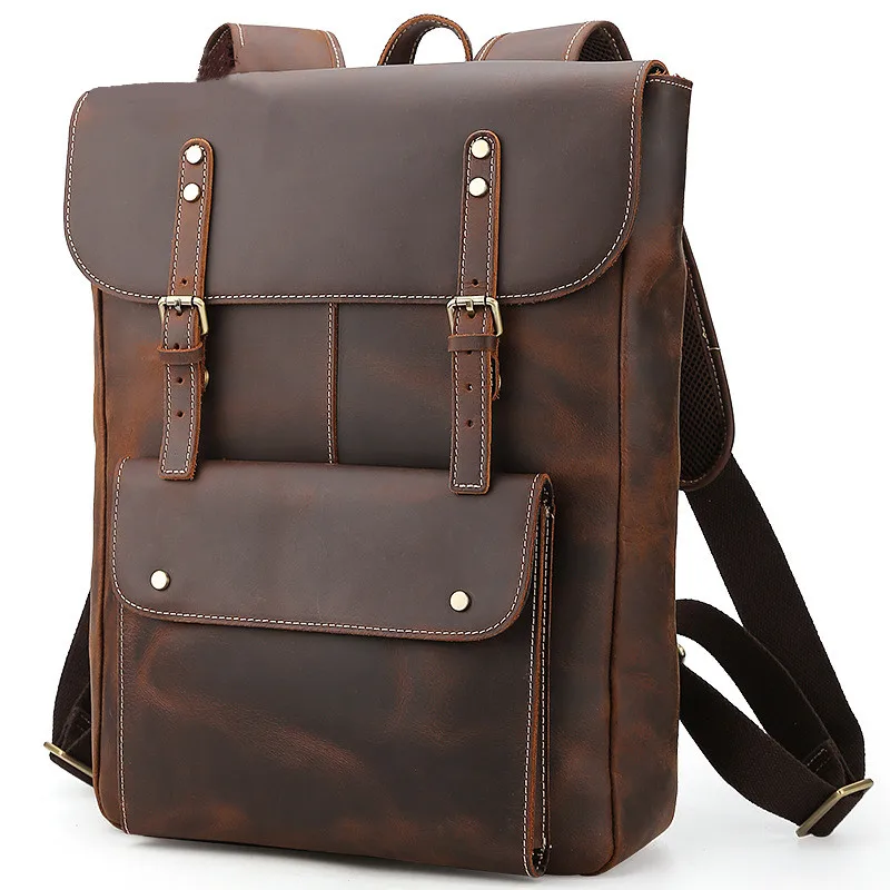 

2021 New luxury genuine crazy horse quilted leather shoulder famous brand designer laptop backpack large men