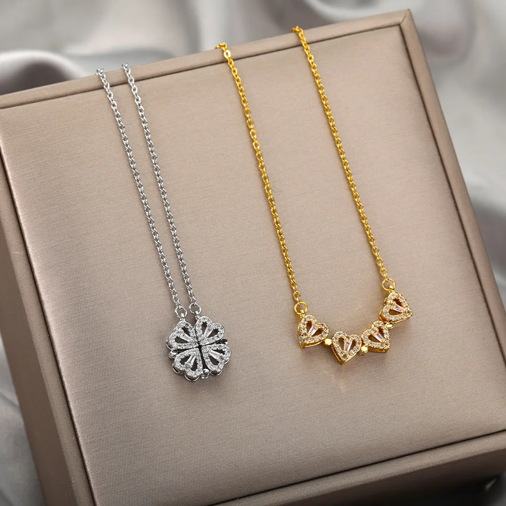 

Hot selling Four Love Hearts Pendant Necklace Gold Plated Stainless Steel Diamond Leaf Clover Heart Necklaces customize Women, Picture color