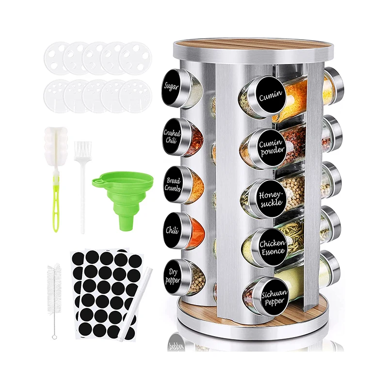 

360 turntable rotating spice jar rack set organizer stainless steel revolving carousel kitchen spice rack with glass bottle, Black/customizing