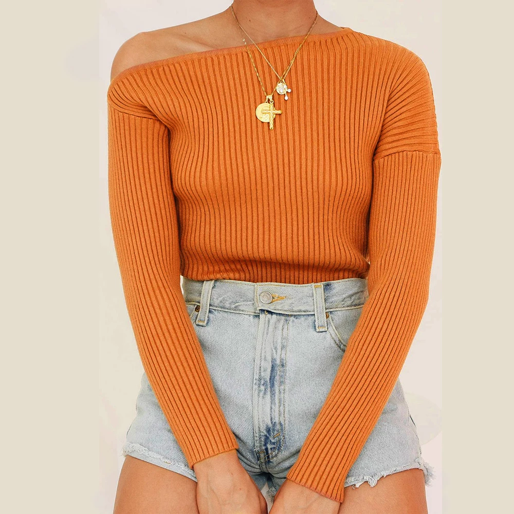 

Nice Pullover Ribbed Knitted Ladies Off Shoulder Women Long Sleeve Tops, Customized